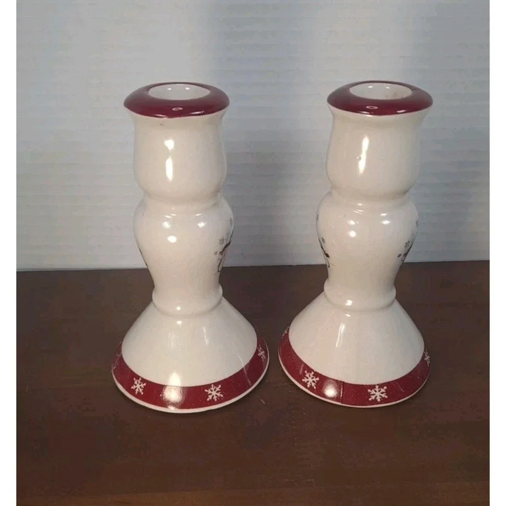 Set of 2 Royal Seasons Stoneware Jolly Snowman Candle Holders‎ Sticks 5-1/4